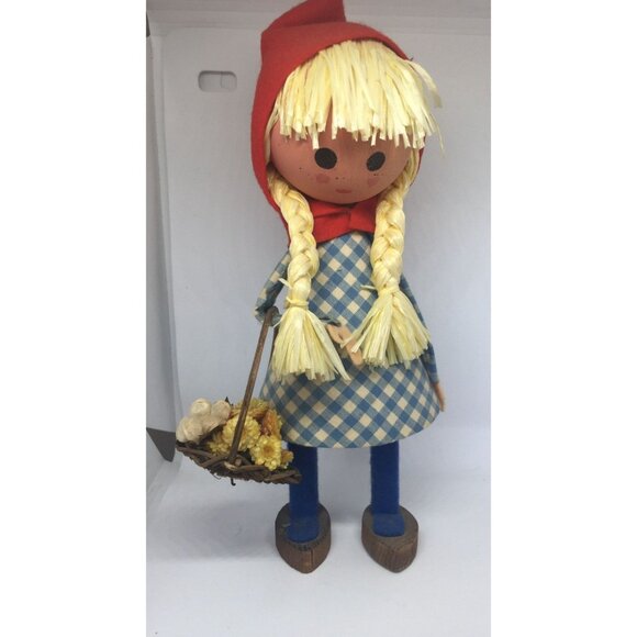 Vintage 1960's Handmade Wooden Doll Little Red Riding Hood Long Yellow Braids - Picture 1 of 8